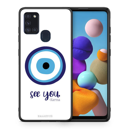 Θήκη Samsung A21s Karma Says από τη Smartfits με σχέδιο στο πίσω μέρος και μαύρο περίβλημα | Samsung A21s Karma Says case with colorful back and black bezels