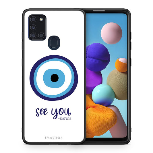 Θήκη Samsung A21s Karma Says από τη Smartfits με σχέδιο στο πίσω μέρος και μαύρο περίβλημα | Samsung A21s Karma Says case with colorful back and black bezels