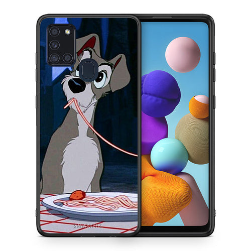 Θήκη Αγίου Βαλεντίνου Samsung A21s Lady And Tramp 1 από τη Smartfits με σχέδιο στο πίσω μέρος και μαύρο περίβλημα | Samsung A21s Lady And Tramp 1 case with colorful back and black bezels