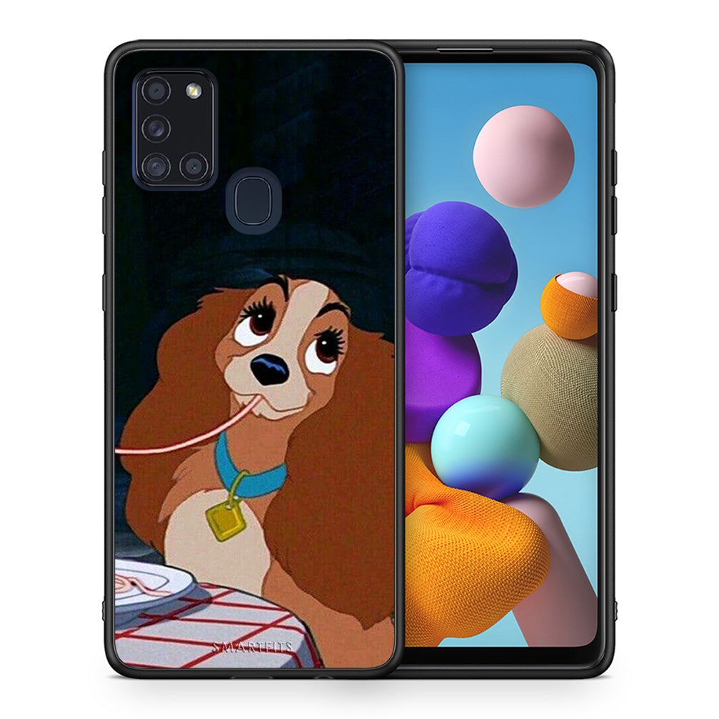 Θήκη Αγίου Βαλεντίνου Samsung A21s Lady And Tramp 2 από τη Smartfits με σχέδιο στο πίσω μέρος και μαύρο περίβλημα | Samsung A21s Lady And Tramp 2 case with colorful back and black bezels