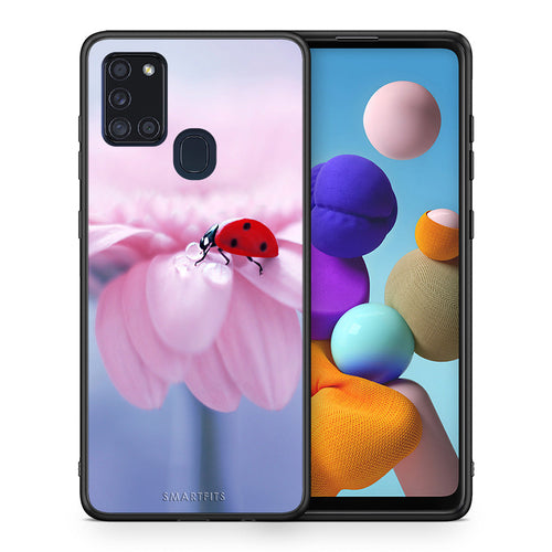 Θήκη Samsung A21s Ladybug Flower από τη Smartfits με σχέδιο στο πίσω μέρος και μαύρο περίβλημα | Samsung A21s Ladybug Flower case with colorful back and black bezels