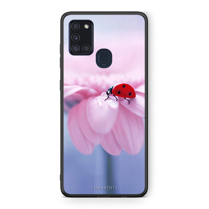 Samsung A21s Ladybug Flower θήκη από τη Smartfits με σχέδιο στο πίσω μέρος και μαύρο περίβλημα | Smartphone case with colorful back and black bezels by Smartfits