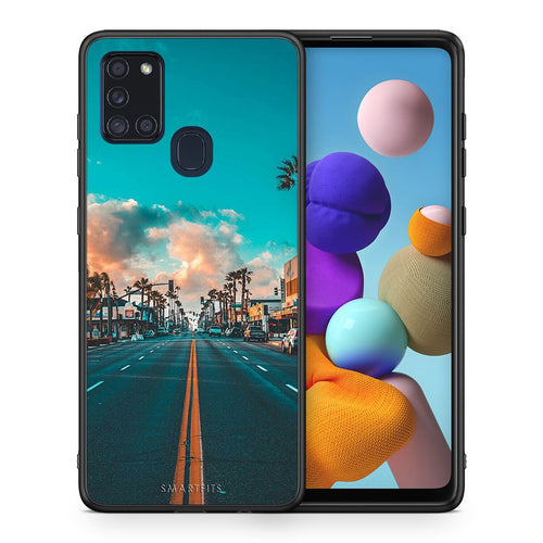 Θήκη Samsung A21s City Landscape από τη Smartfits με σχέδιο στο πίσω μέρος και μαύρο περίβλημα | Samsung A21s City Landscape case with colorful back and black bezels
