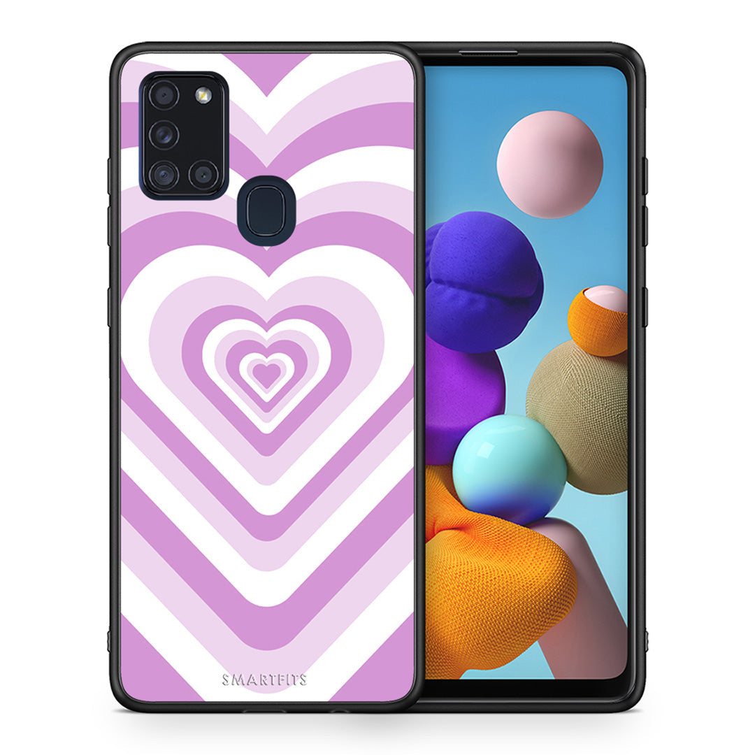 Θήκη Samsung A21s Lilac Hearts από τη Smartfits με σχέδιο στο πίσω μέρος και μαύρο περίβλημα | Samsung A21s Lilac Hearts case with colorful back and black bezels