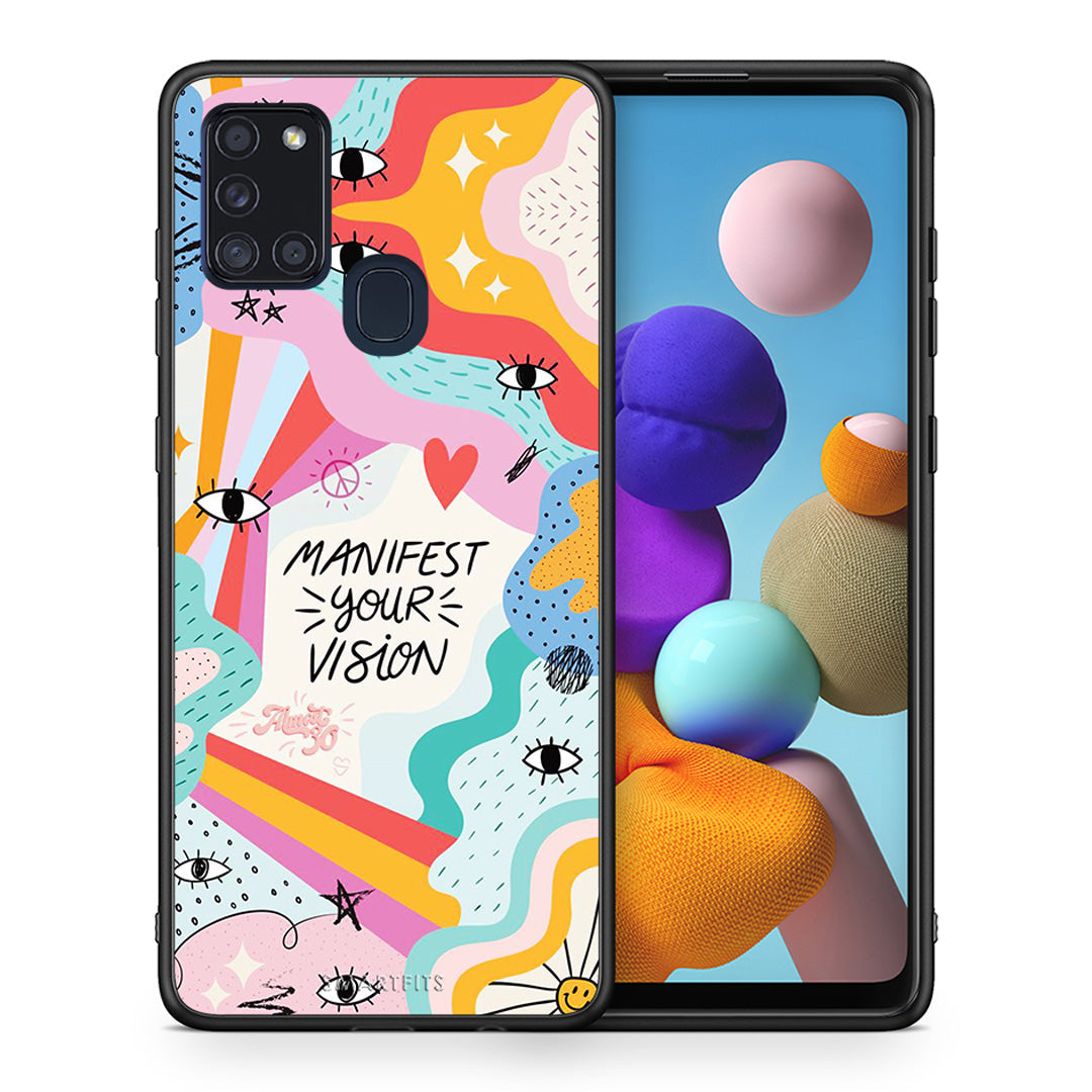 Θήκη Samsung A21s Manifest Your Vision από τη Smartfits με σχέδιο στο πίσω μέρος και μαύρο περίβλημα | Samsung A21s Manifest Your Vision case with colorful back and black bezels