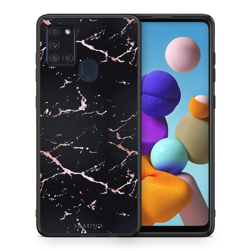 Θήκη Samsung A21s Black Rosegold Marble από τη Smartfits με σχέδιο στο πίσω μέρος και μαύρο περίβλημα | Samsung A21s Black Rosegold Marble case with colorful back and black bezels
