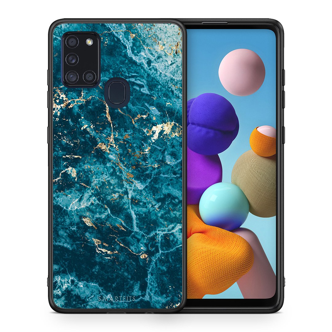 Θήκη Samsung A21s Marble Blue από τη Smartfits με σχέδιο στο πίσω μέρος και μαύρο περίβλημα | Samsung A21s Marble Blue case with colorful back and black bezels