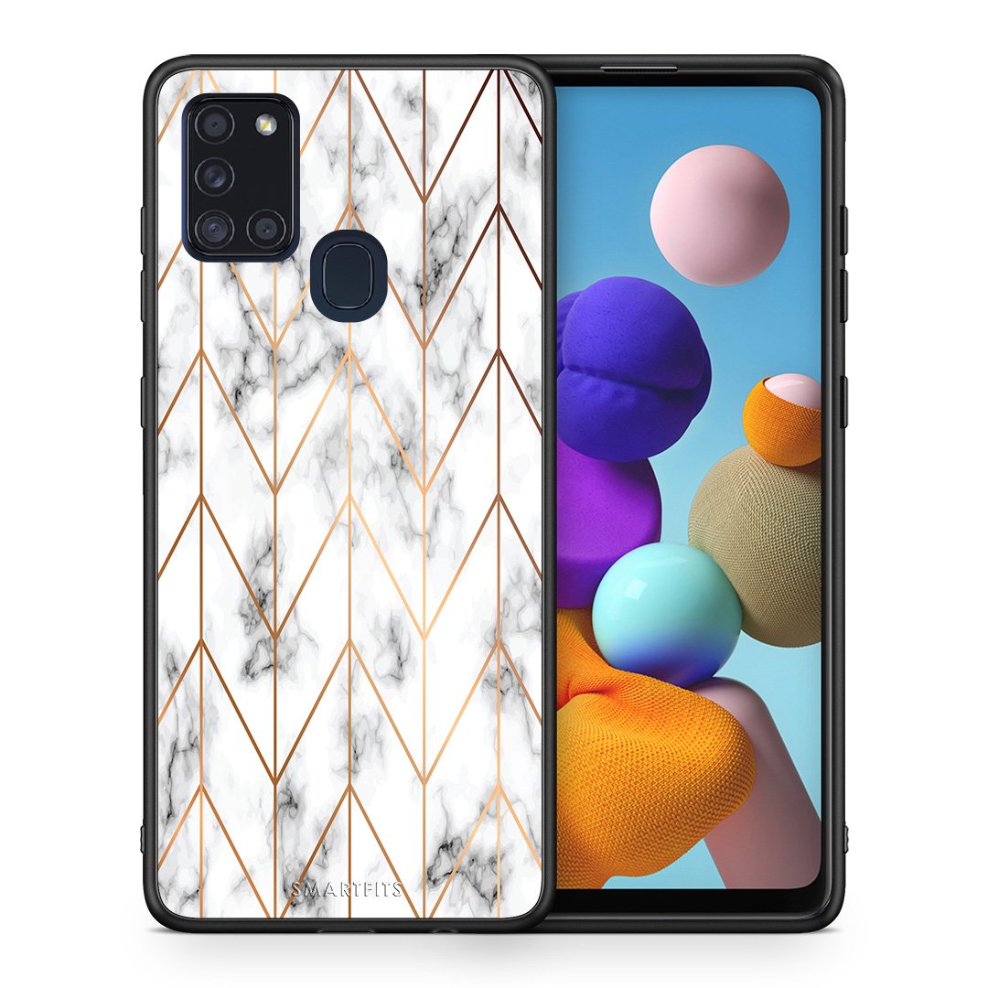 Θήκη Samsung A21s Gold Geometric Marble από τη Smartfits με σχέδιο στο πίσω μέρος και μαύρο περίβλημα | Samsung A21s Gold Geometric Marble case with colorful back and black bezels