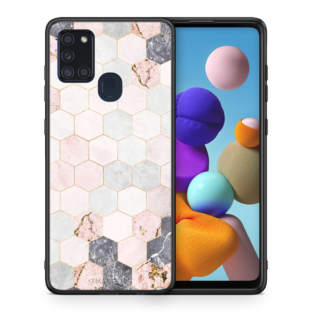 Θήκη Samsung A21s Hexagon Pink Marble από τη Smartfits με σχέδιο στο πίσω μέρος και μαύρο περίβλημα | Samsung A21s Hexagon Pink Marble case with colorful back and black bezels