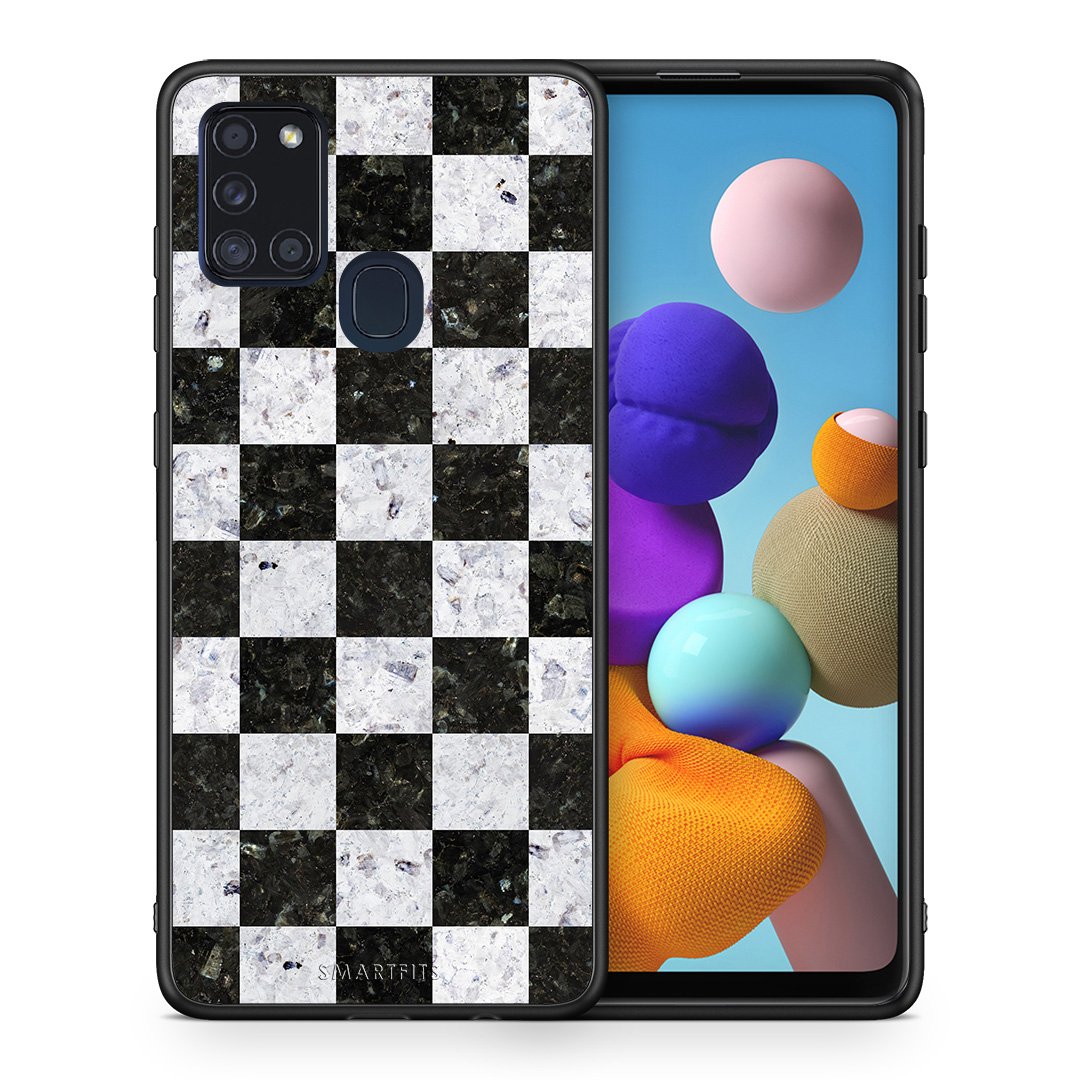 Θήκη Samsung A21s Square Geometric Marble από τη Smartfits με σχέδιο στο πίσω μέρος και μαύρο περίβλημα | Samsung A21s Square Geometric Marble case with colorful back and black bezels
