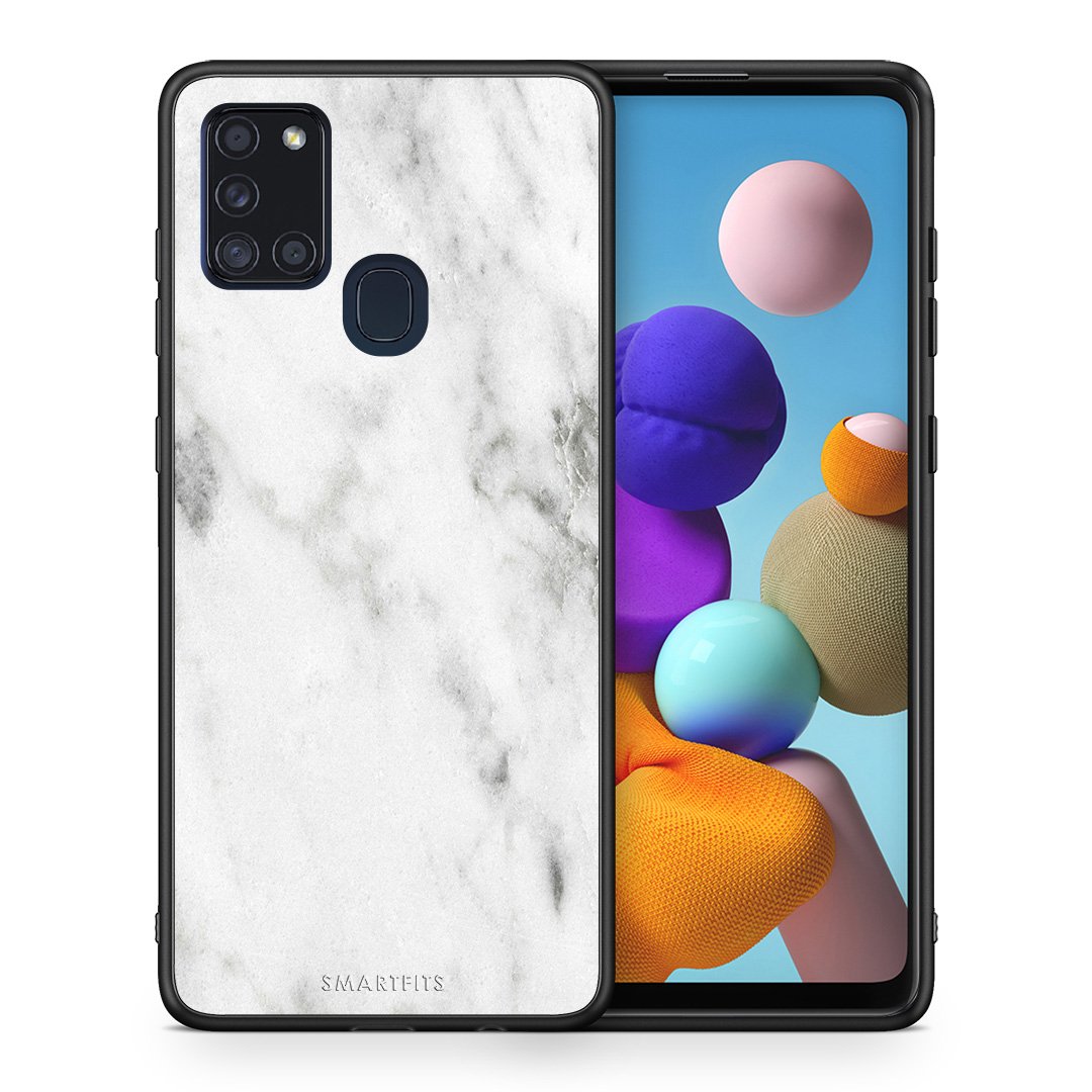 Θήκη Samsung A21s White Marble από τη Smartfits με σχέδιο στο πίσω μέρος και μαύρο περίβλημα | Samsung A21s White Marble case with colorful back and black bezels