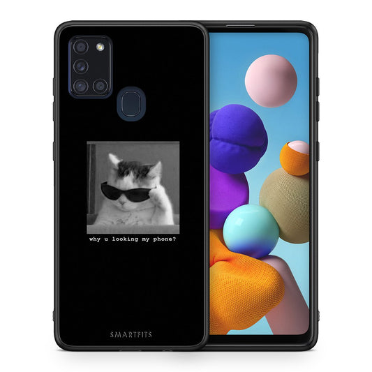 Θήκη Samsung A21s Meme Cat από τη Smartfits με σχέδιο στο πίσω μέρος και μαύρο περίβλημα | Samsung A21s Meme Cat case with colorful back and black bezels