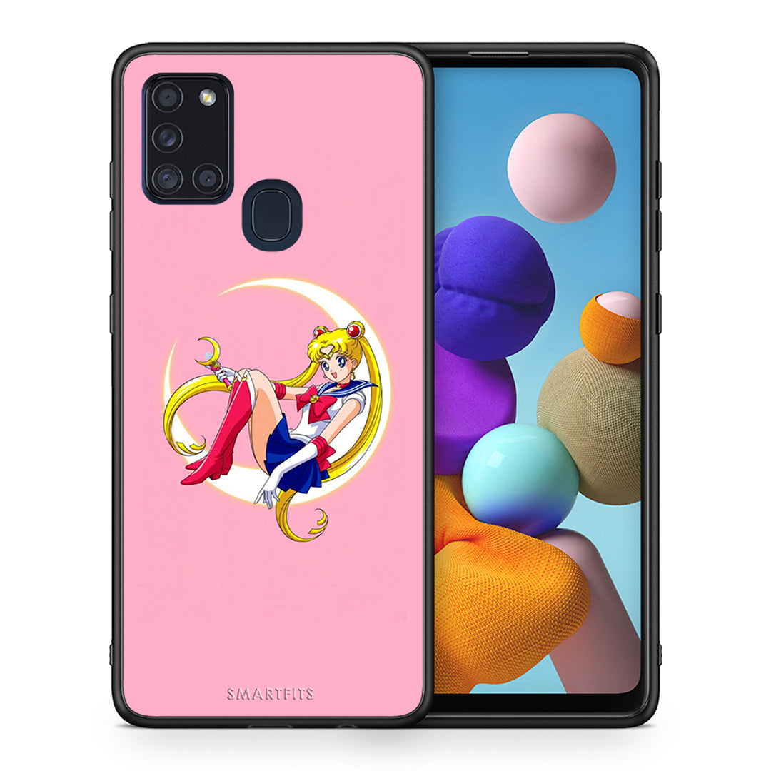 Θήκη Samsung A21s Moon Girl από τη Smartfits με σχέδιο στο πίσω μέρος και μαύρο περίβλημα | Samsung A21s Moon Girl case with colorful back and black bezels