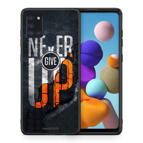 Θήκη Αγίου Βαλεντίνου Samsung A21s Never Give Up από τη Smartfits με σχέδιο στο πίσω μέρος και μαύρο περίβλημα | Samsung A21s Never Give Up case with colorful back and black bezels