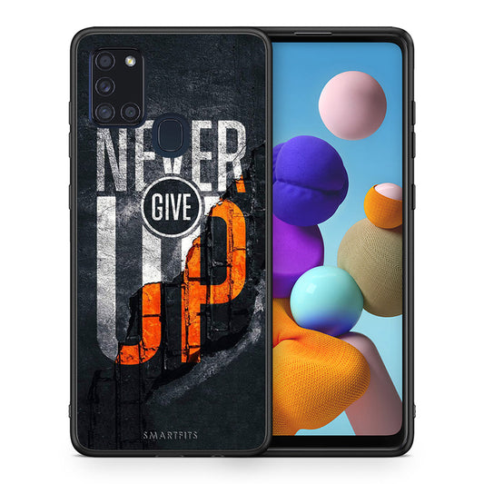 Θήκη Αγίου Βαλεντίνου Samsung A21s Never Give Up από τη Smartfits με σχέδιο στο πίσω μέρος και μαύρο περίβλημα | Samsung A21s Never Give Up case with colorful back and black bezels