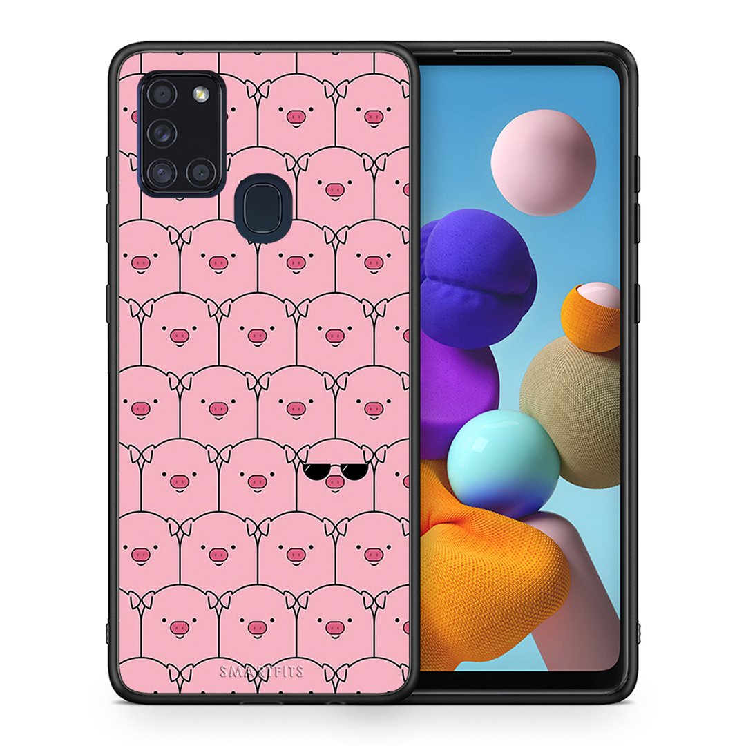 Θήκη Samsung A21s Pig Glasses από τη Smartfits με σχέδιο στο πίσω μέρος και μαύρο περίβλημα | Samsung A21s Pig Glasses case with colorful back and black bezels