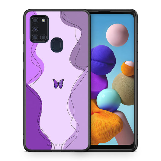 Θήκη Αγίου Βαλεντίνου Samsung A21s Purple Mariposa από τη Smartfits με σχέδιο στο πίσω μέρος και μαύρο περίβλημα | Samsung A21s Purple Mariposa case with colorful back and black bezels