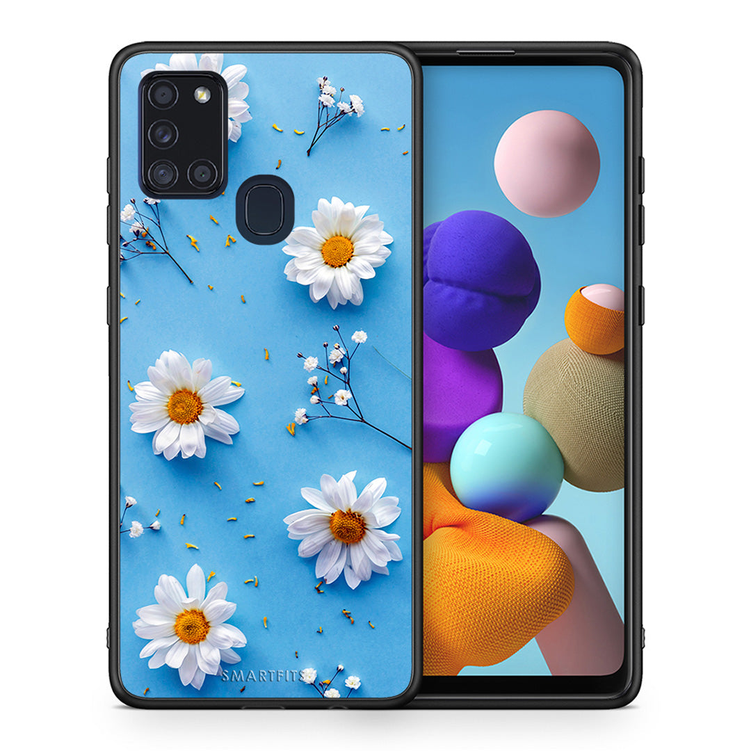 Θήκη Samsung A21s Real Daisies από τη Smartfits με σχέδιο στο πίσω μέρος και μαύρο περίβλημα | Samsung A21s Real Daisies case with colorful back and black bezels