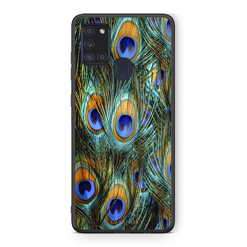 Samsung A21s Real Peacock Feathers θήκη από τη Smartfits με σχέδιο στο πίσω μέρος και μαύρο περίβλημα | Smartphone case with colorful back and black bezels by Smartfits