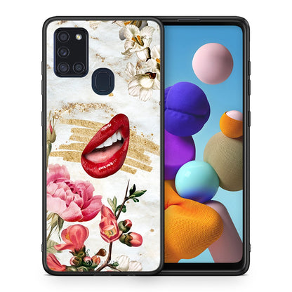 Θήκη Samsung A21s Red Lips από τη Smartfits με σχέδιο στο πίσω μέρος και μαύρο περίβλημα | Samsung A21s Red Lips case with colorful back and black bezels