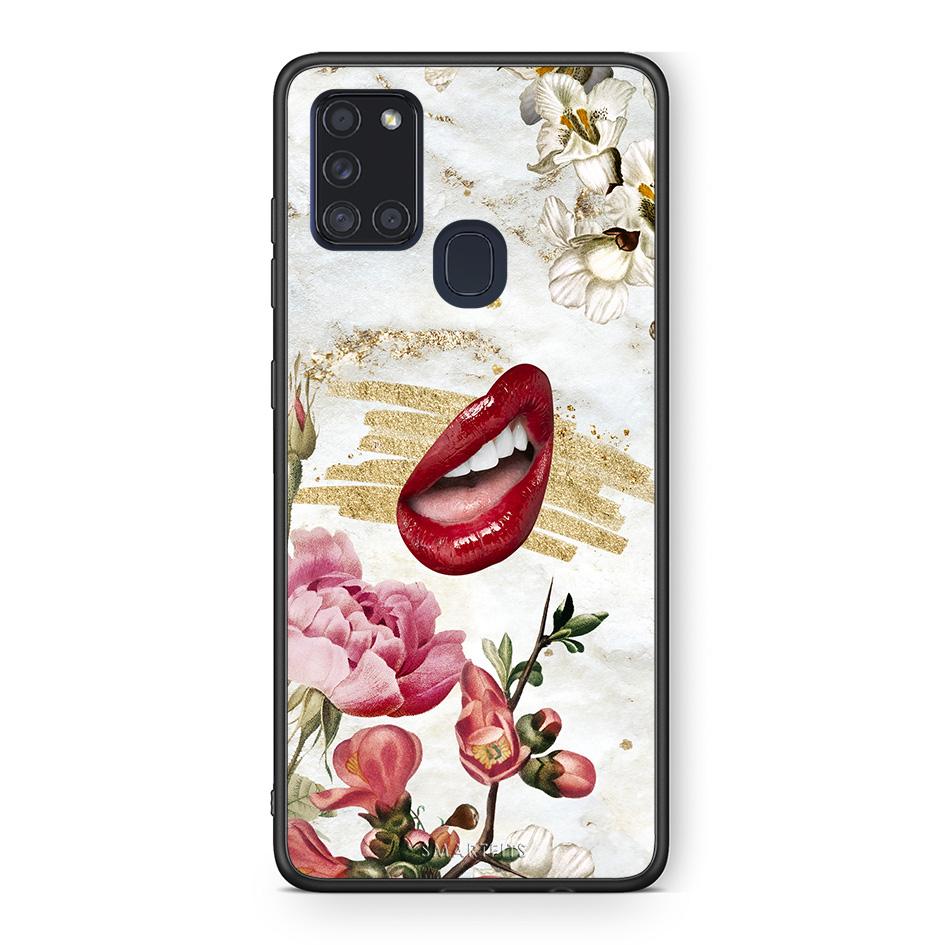 Samsung A21s Red Lips θήκη από τη Smartfits με σχέδιο στο πίσω μέρος και μαύρο περίβλημα | Smartphone case with colorful back and black bezels by Smartfits