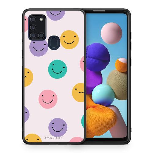 Θήκη Samsung A21s Smiley Faces από τη Smartfits με σχέδιο στο πίσω μέρος και μαύρο περίβλημα | Samsung A21s Smiley Faces case with colorful back and black bezels
