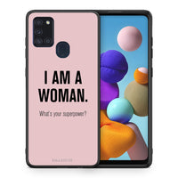 Thumbnail for Θήκη Samsung A21s Superpower Woman από τη Smartfits με σχέδιο στο πίσω μέρος και μαύρο περίβλημα | Samsung A21s Superpower Woman case with colorful back and black bezels