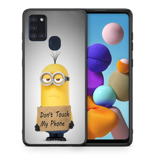 Θήκη Samsung A21s Minion Text από τη Smartfits με σχέδιο στο πίσω μέρος και μαύρο περίβλημα | Samsung A21s Minion Text case with colorful back and black bezels