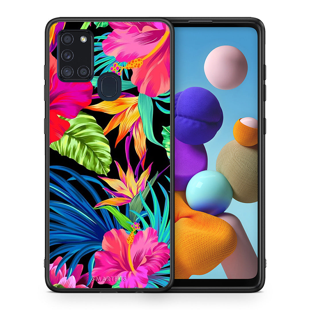 Θήκη Samsung A21s Tropical Flowers από τη Smartfits με σχέδιο στο πίσω μέρος και μαύρο περίβλημα | Samsung A21s Tropical Flowers case with colorful back and black bezels
