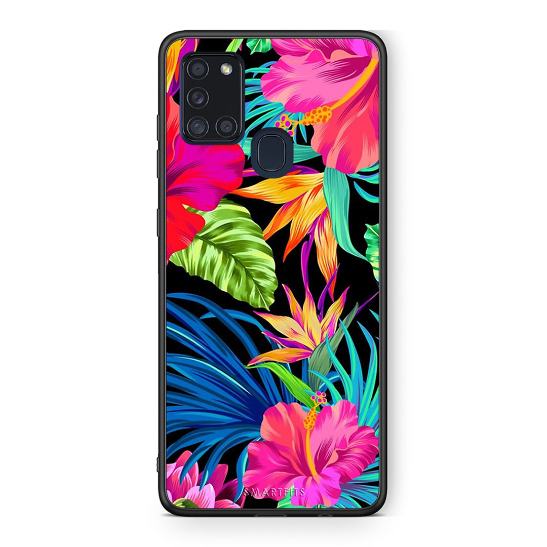Samsung A21s Tropical Flowers θήκη από τη Smartfits με σχέδιο στο πίσω μέρος και μαύρο περίβλημα | Smartphone case with colorful back and black bezels by Smartfits