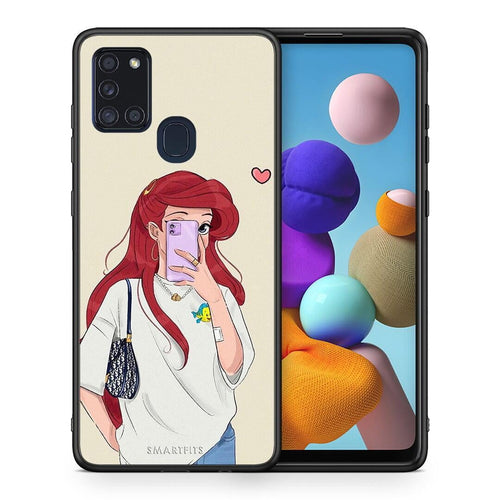 Θήκη Samsung A21s Walking Mermaid από τη Smartfits με σχέδιο στο πίσω μέρος και μαύρο περίβλημα | Samsung A21s Walking Mermaid case with colorful back and black bezels