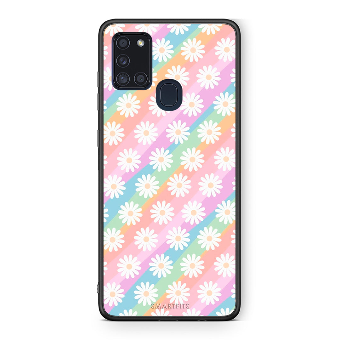 Samsung A21s White Daisies θήκη από τη Smartfits με σχέδιο στο πίσω μέρος και μαύρο περίβλημα | Smartphone case with colorful back and black bezels by Smartfits