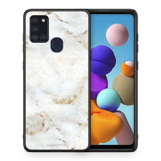 Θήκη Samsung A21s White Gold Marble από τη Smartfits με σχέδιο στο πίσω μέρος και μαύρο περίβλημα | Samsung A21s White Gold Marble case with colorful back and black bezels