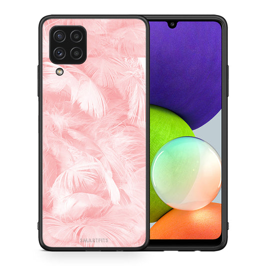 Θήκη Samsung A22 4G Pink Feather Boho από τη Smartfits με σχέδιο στο πίσω μέρος και μαύρο περίβλημα | Samsung A22 4G Pink Feather Boho case with colorful back and black bezels