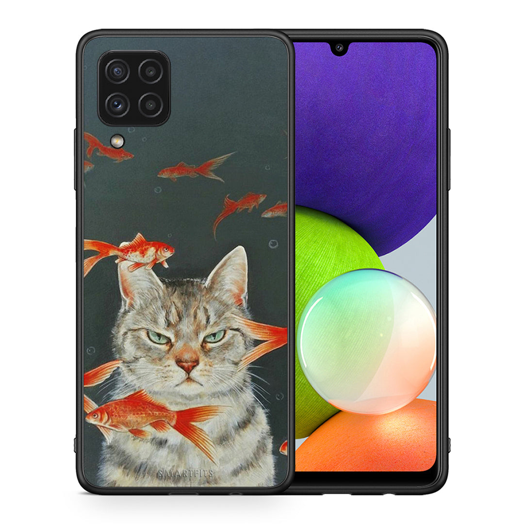 Θήκη Samsung A22 4G Cat Goldfish από τη Smartfits με σχέδιο στο πίσω μέρος και μαύρο περίβλημα | Samsung A22 4G Cat Goldfish case with colorful back and black bezels