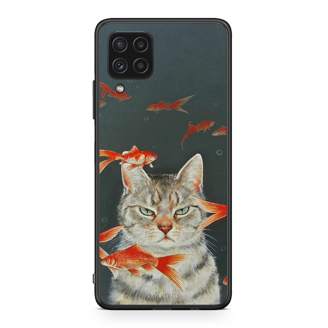 Samsung A22 4G Cat Goldfish θήκη από τη Smartfits με σχέδιο στο πίσω μέρος και μαύρο περίβλημα | Smartphone case with colorful back and black bezels by Smartfits