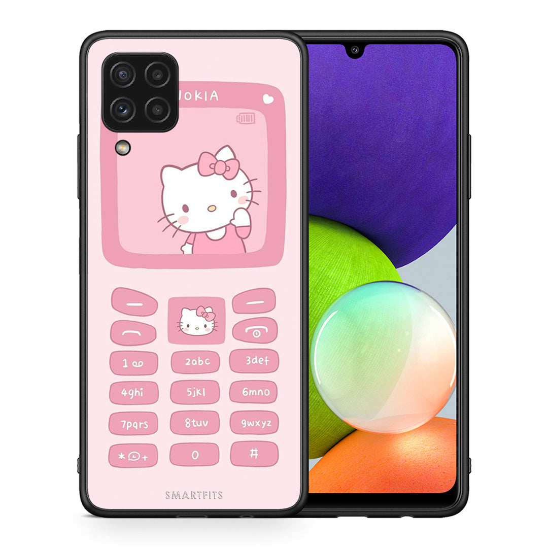 Θήκη Αγίου Βαλεντίνου Samsung A22 4G Hello Kitten από τη Smartfits με σχέδιο στο πίσω μέρος και μαύρο περίβλημα | Samsung A22 4G Hello Kitten case with colorful back and black bezels