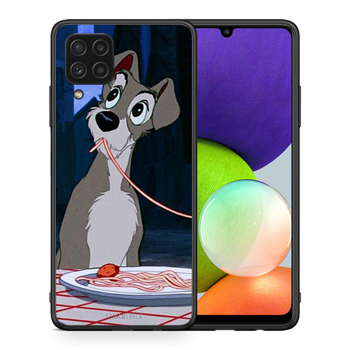 Θήκη Αγίου Βαλεντίνου Samsung A22 4G Lady And Tramp 1 από τη Smartfits με σχέδιο στο πίσω μέρος και μαύρο περίβλημα | Samsung A22 4G Lady And Tramp 1 case with colorful back and black bezels