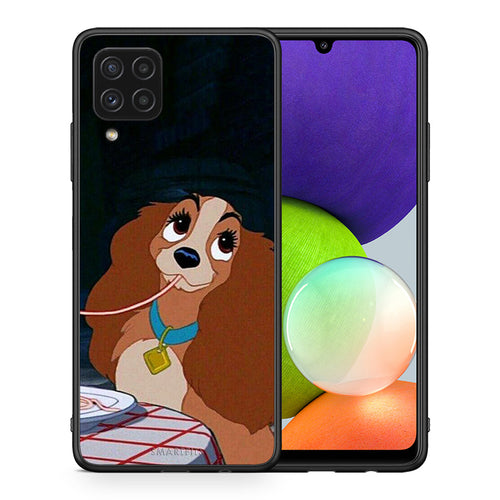 Θήκη Αγίου Βαλεντίνου Samsung A22 4G Lady And Tramp 2 από τη Smartfits με σχέδιο στο πίσω μέρος και μαύρο περίβλημα | Samsung A22 4G Lady And Tramp 2 case with colorful back and black bezels