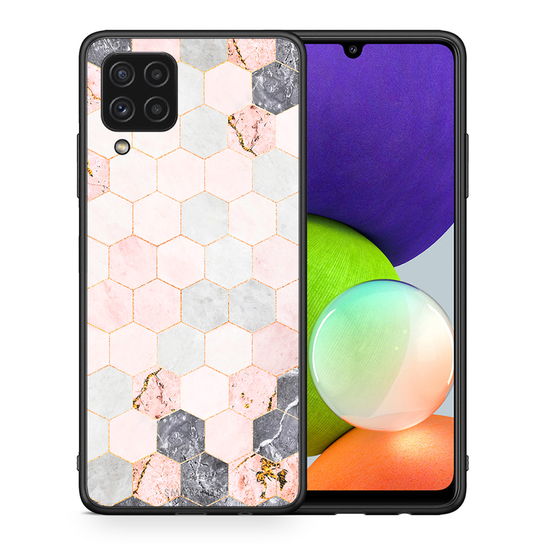 Θήκη Samsung A22 4G Hexagon Pink Marble από τη Smartfits με σχέδιο στο πίσω μέρος και μαύρο περίβλημα | Samsung A22 4G Hexagon Pink Marble case with colorful back and black bezels