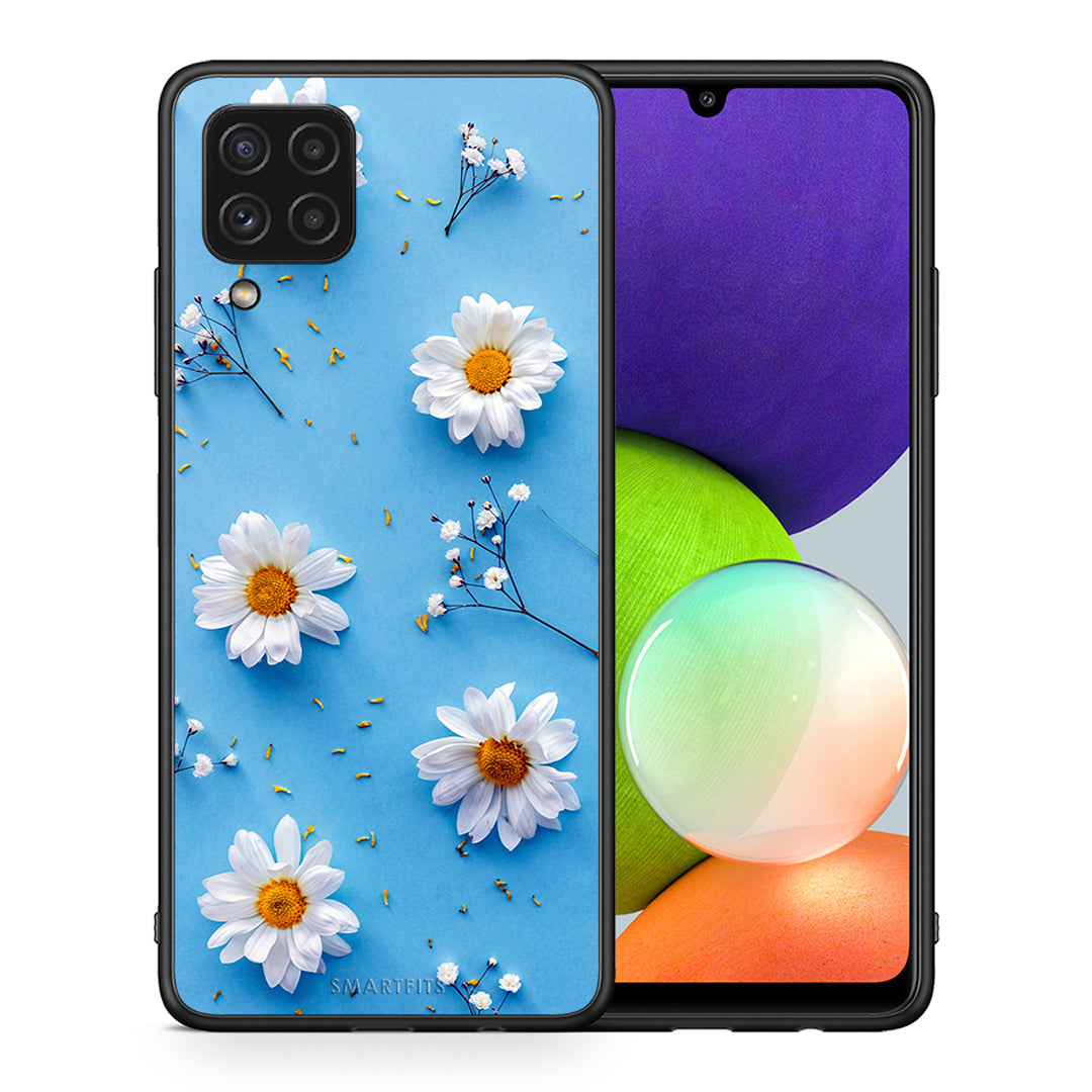Θήκη Samsung A22 4G Real Daisies από τη Smartfits με σχέδιο στο πίσω μέρος και μαύρο περίβλημα | Samsung A22 4G Real Daisies case with colorful back and black bezels