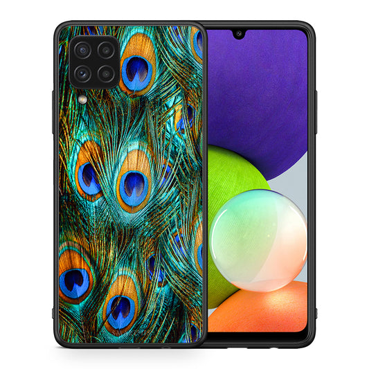 Θήκη Samsung A22 4G Real Peacock Feathers από τη Smartfits με σχέδιο στο πίσω μέρος και μαύρο περίβλημα | Samsung A22 4G Real Peacock Feathers case with colorful back and black bezels