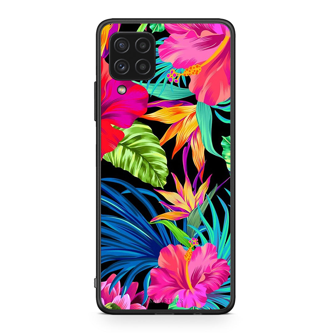 Samsung A22 4G Tropical Flowers θήκη από τη Smartfits με σχέδιο στο πίσω μέρος και μαύρο περίβλημα | Smartphone case with colorful back and black bezels by Smartfits