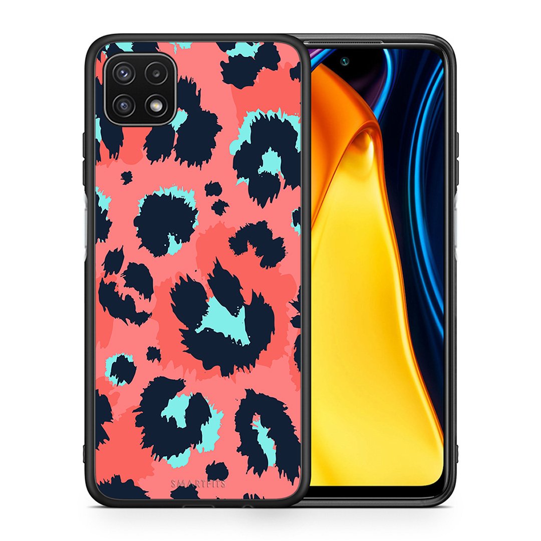 Θήκη Samsung A22 5G Pink Leopard Animal από τη Smartfits με σχέδιο στο πίσω μέρος και μαύρο περίβλημα | Samsung A22 5G Pink Leopard Animal case with colorful back and black bezels