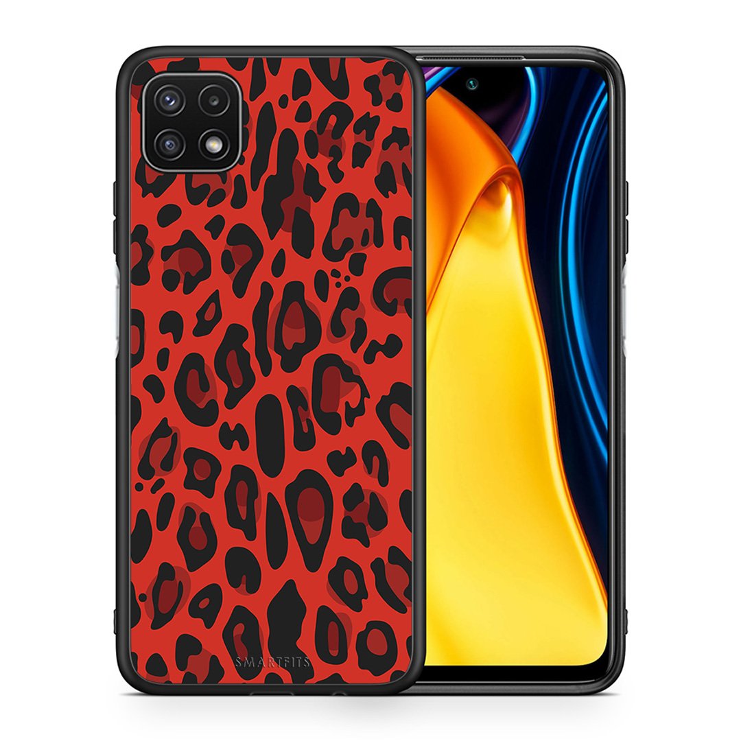 Θήκη Samsung A22 5G Red Leopard Animal από τη Smartfits με σχέδιο στο πίσω μέρος και μαύρο περίβλημα | Samsung A22 5G Red Leopard Animal case with colorful back and black bezels