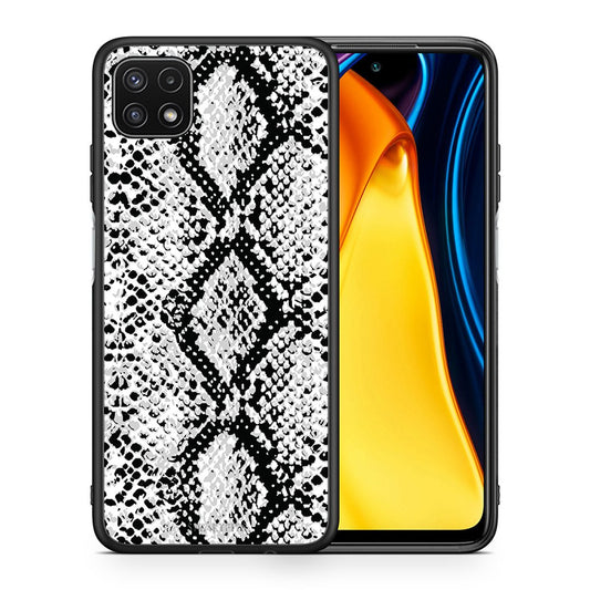 Θήκη Samsung A22 5G White Snake Animal από τη Smartfits με σχέδιο στο πίσω μέρος και μαύρο περίβλημα | Samsung A22 5G White Snake Animal case with colorful back and black bezels