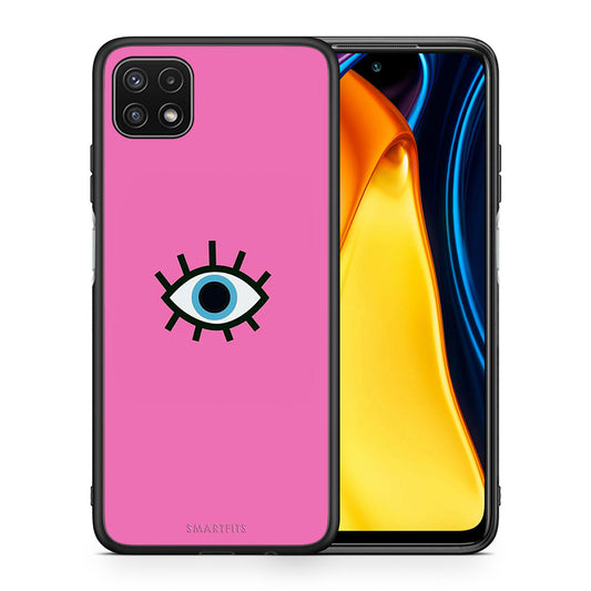Θήκη Samsung A22 5G Blue Eye Pink από τη Smartfits με σχέδιο στο πίσω μέρος και μαύρο περίβλημα | Samsung A22 5G Blue Eye Pink case with colorful back and black bezels
