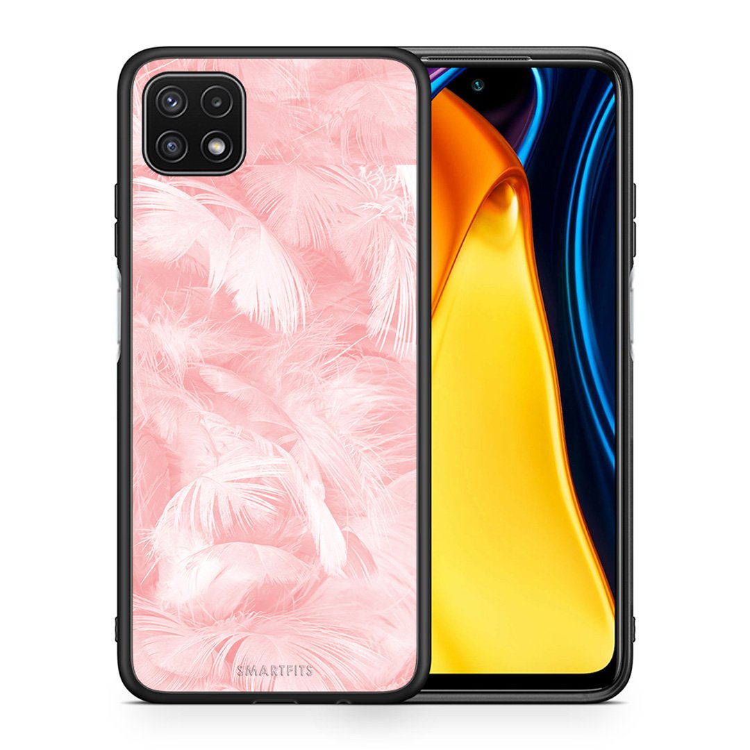 Θήκη Samsung A22 5G Pink Feather Boho από τη Smartfits με σχέδιο στο πίσω μέρος και μαύρο περίβλημα | Samsung A22 5G Pink Feather Boho case with colorful back and black bezels