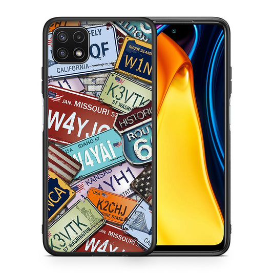 Θήκη Samsung A22 5G Car Plates από τη Smartfits με σχέδιο στο πίσω μέρος και μαύρο περίβλημα | Samsung A22 5G Car Plates case with colorful back and black bezels