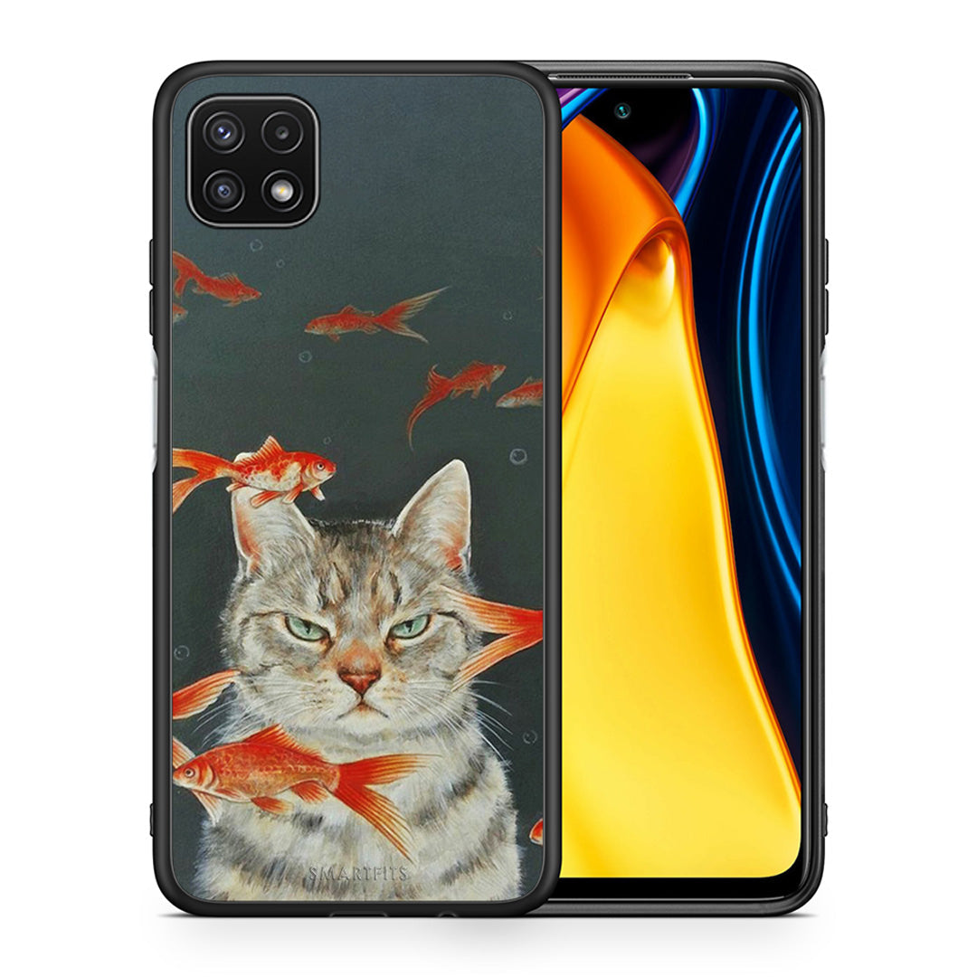 Θήκη Samsung A22 5G Cat Goldfish από τη Smartfits με σχέδιο στο πίσω μέρος και μαύρο περίβλημα | Samsung A22 5G Cat Goldfish case with colorful back and black bezels